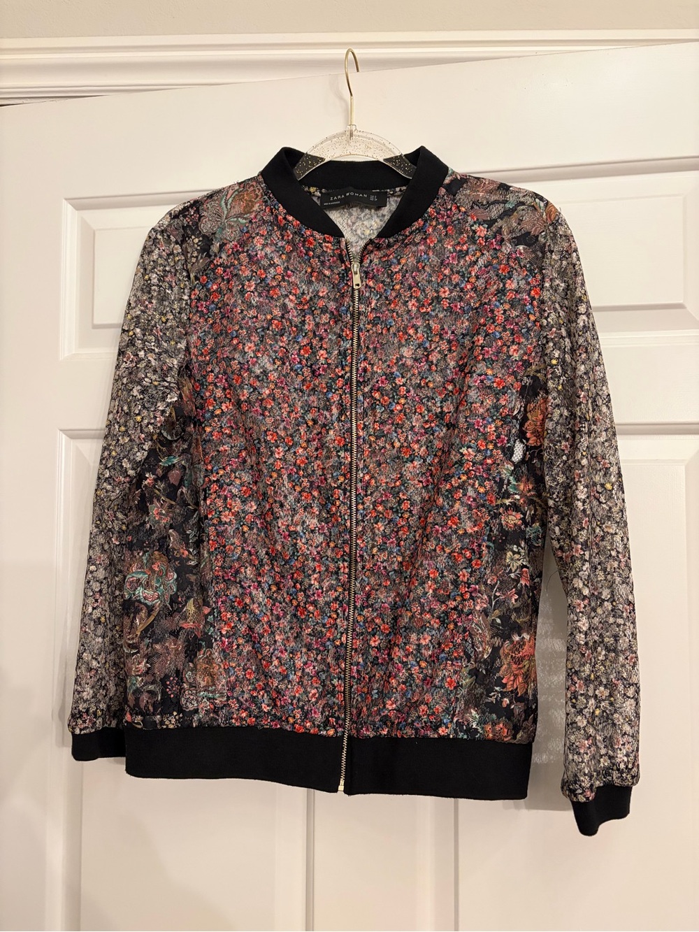 Zara Floral Lace Bomber Jacket - Black Multi